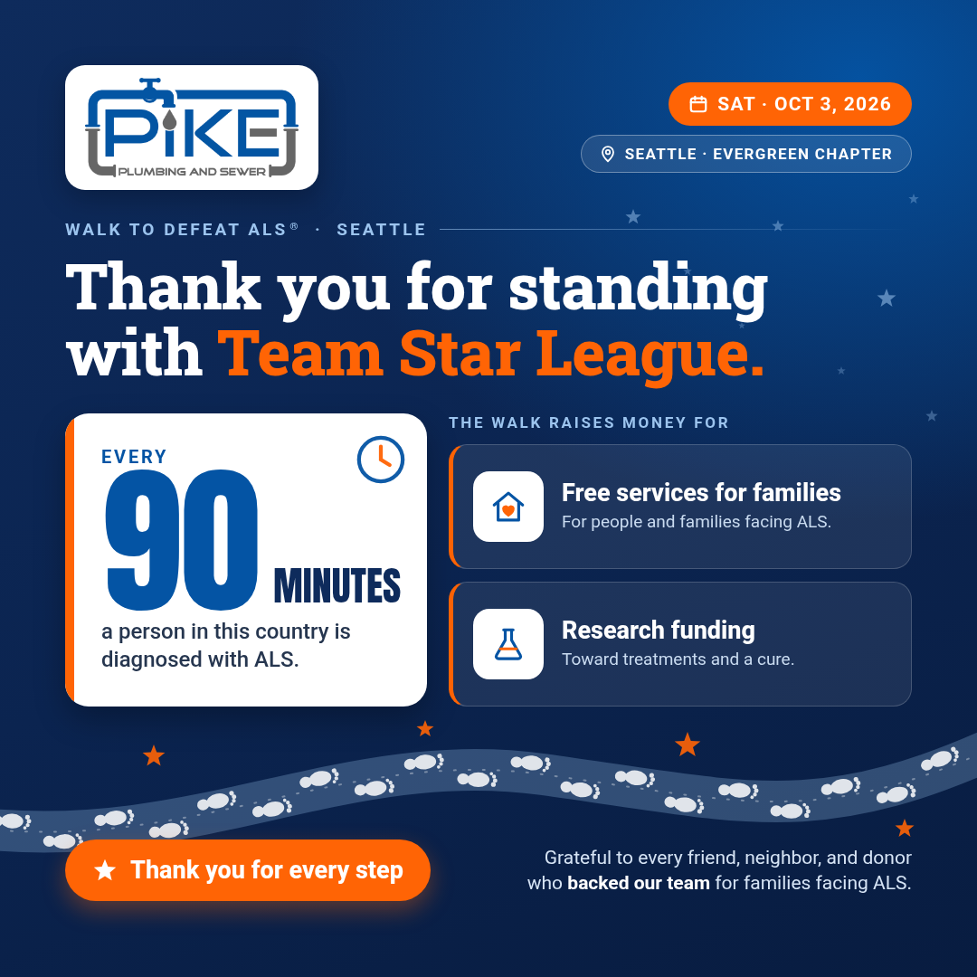 Pike Plumbing & Sewer thank-you graphic for Team Star League at the Walk to Defeat ALS Seattle on Saturday, October 3, 2026. It says every 90 minutes a person in this country is diagnosed with ALS, and that the walk raises money for free services for families and research toward treatments and a cure.