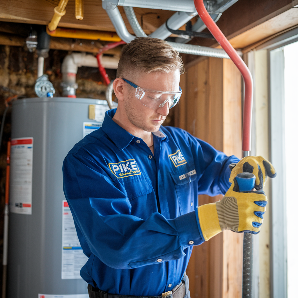 eastmont wa plumber - Licensed Pike Plumbing technician in uniform with company branding, wearing safety glasses and gloves, installing a modern...