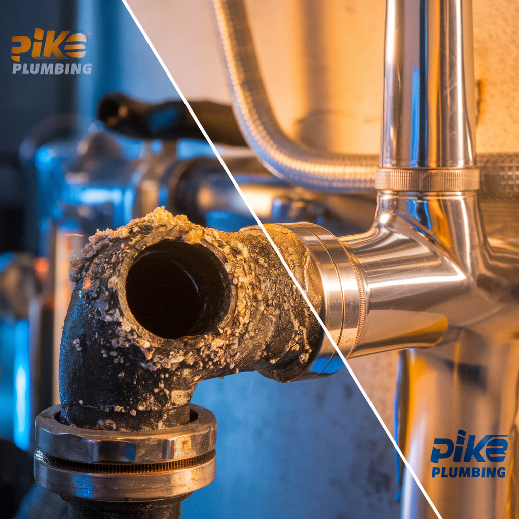 eastmont wa plumber - Before and after split-screen comparison showing a severely corroded, mineral-encrusted water line or drain pipe on the le...